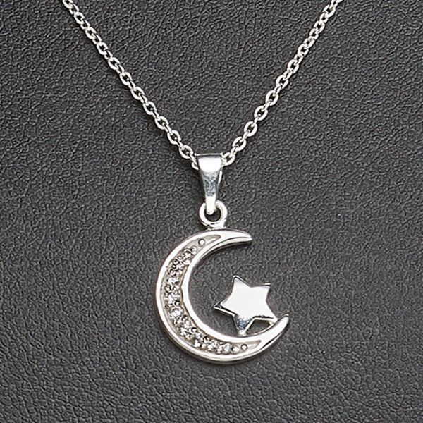 Necklace, Create Compliments®, cubic zirconia and sterling silver, clear, 14x11mm crescent moon with star, 18 inches with springring clasp. Sold individually. image number 0