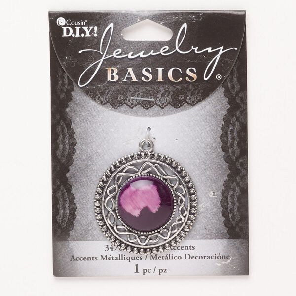 Focal, brass and acrylic, pkg/1, antique silver finish/purple / light purple, 37mm fancy round. image number 0