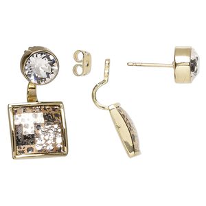 Earring, Everyday Jewelry™, Crystal Passions® and gold-plated "pewter", crystal rose patina, 30mm ear jacket with faceted round and checkerboard square. Sold per pair.