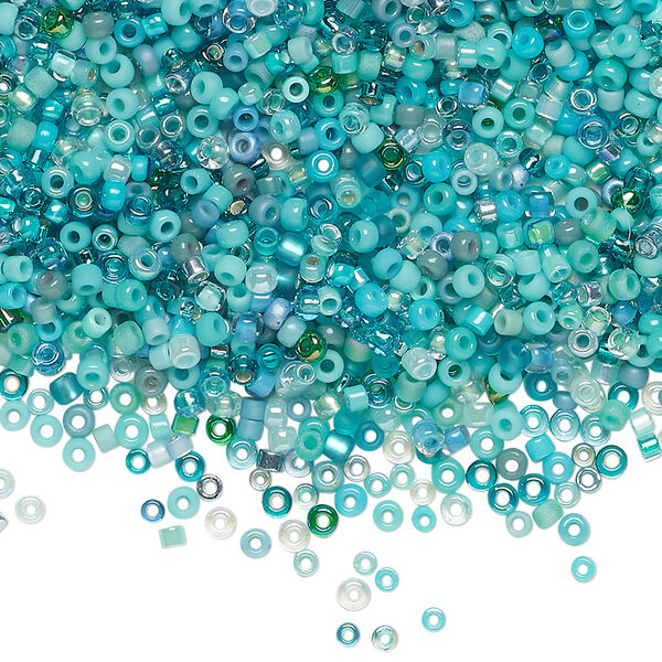 Seed bead mix, glass, 1pkg25g, #15 to #11 round, opaque and translucent multi-blue image number 0