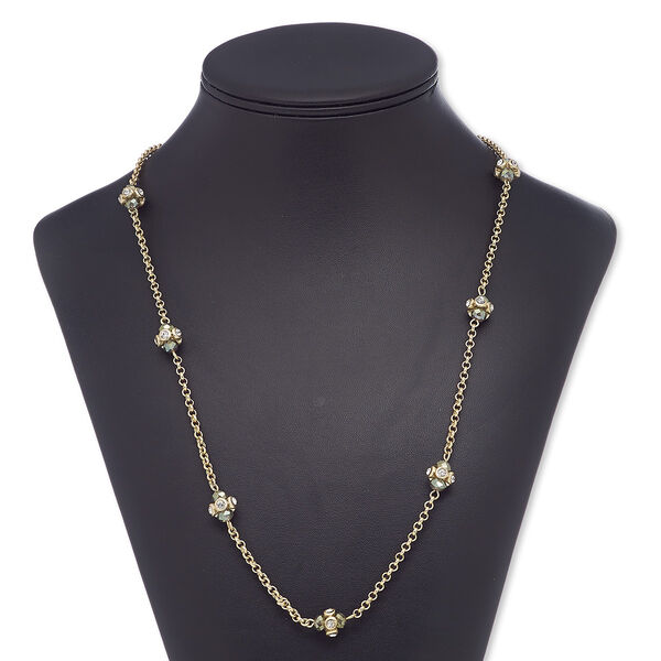 Necklace, glass rhinestone / glass / gold-finished steel, grey luster and clear, round, 32 inches with 2-inch extender chain and lobster claw clasp. Sold individually. image number 0