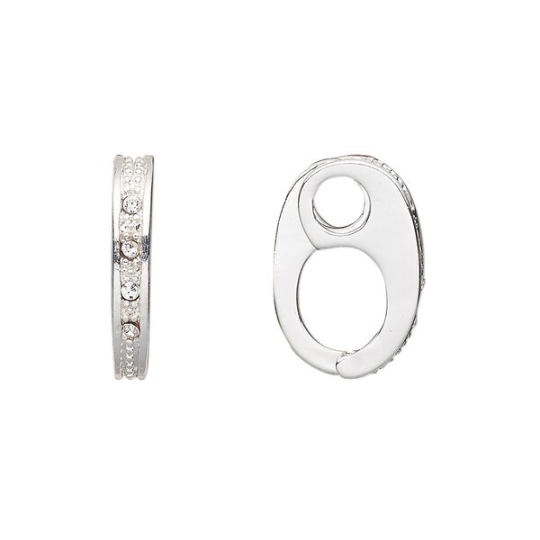 Bail, Czech glass rhinestone and silver-plated brass, clear, 18x3mm single-sided hinged, 3.5mm grip length. Sold per pkg of 2. image number 0