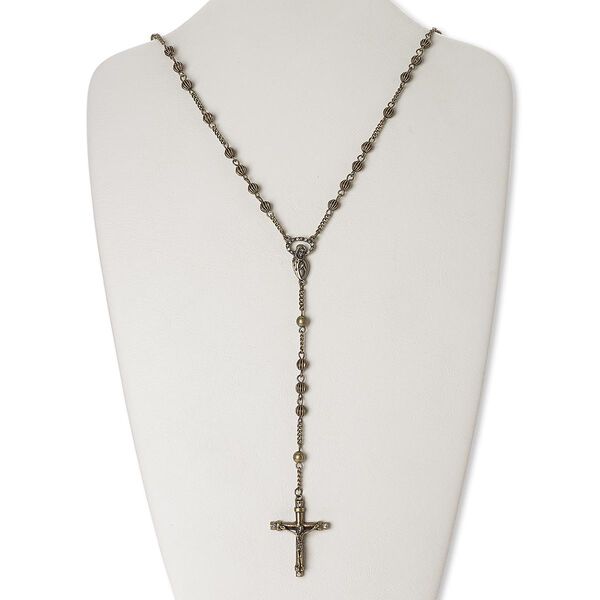Chaplet, glass rhinestone / antique brass-finished "pewter" (zinc-based alloy) / brass / steel, clear, 38x29mm crucifix, 30 inches with 2-1/2 inch extender chain and lobster claw clasp. Sold individually. image number 0