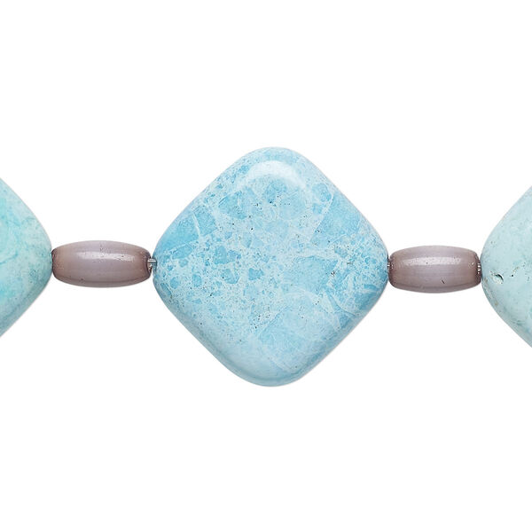 Bead mix, "turquoise" (imitation) resin and cat's eye glass (fiber optic glass), light blue and lavender, 8x4mm-9x5mm barrel and 20mm-21x21mm puffed diamond. Sold per pkg of 7. image number 0