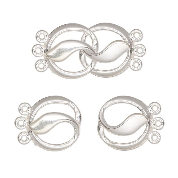 Clasp, JBB Findings, 3-strand hook-and-eye, sterling silver, 24x14mm circle. Sold individually. image number 0