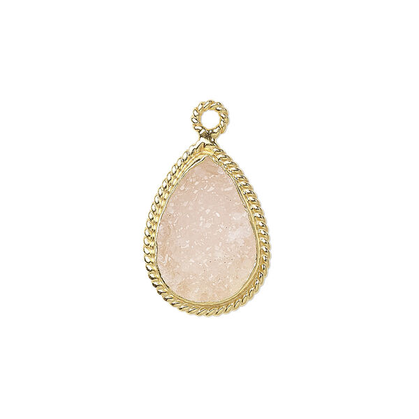 Drop, druzy agate (dyed) and gold-plated sterling silver, pink, 18x14mm-20x15mm hand-cut single-sided teardrop with twisted wire design. Sold individually. image number 0