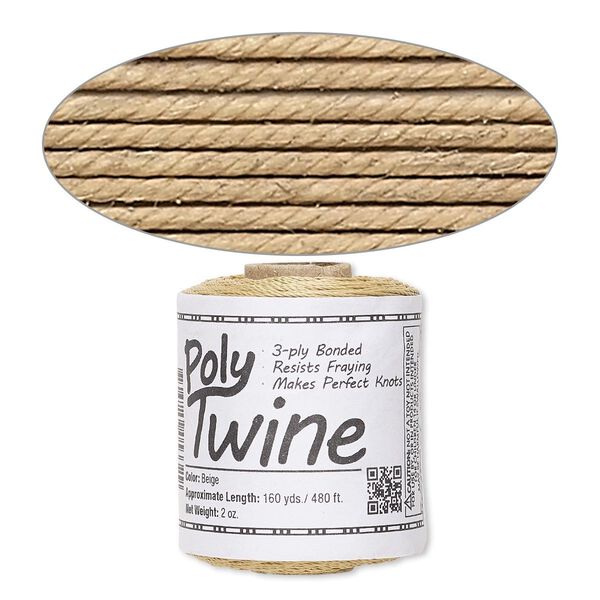 Cord, 3-ply bonded polyester twine, beige, 1mm diameter. Sold per 2-ounce spool. image number 0