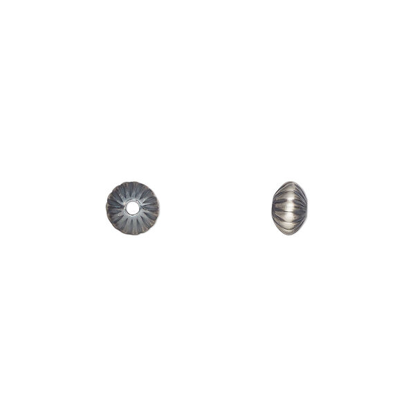 Bead, Navajo pearl style, brushed oxidized sterling silver, 5.5 x 3.5mm corrugated saucer. Sold per pkg of 2. image number 0