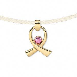 Charm, gold-finished "pewter" (zinc-based alloy) and crystals, pink, 19x16mm single-sided awareness ribbon. Sold individually.