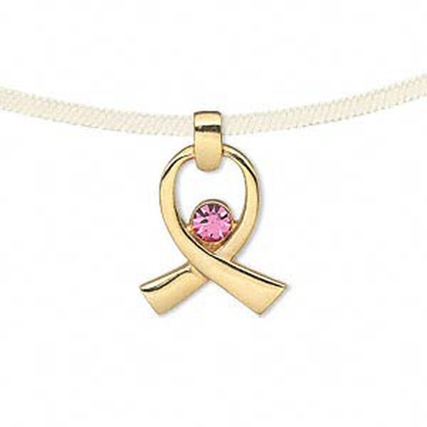 Charm, gold-finished "pewter" (zinc-based alloy) and crystals, pink, 19x16mm single-sided awareness ribbon. Sold individually. image number 0