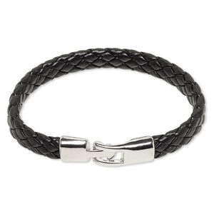 Bracelet, leather (dyed) and imitation rhodium-plated "pewter" (zinc-based alloy), black, 18mm wide woven, 7 inches with buckle-style clasp. Sold individually.