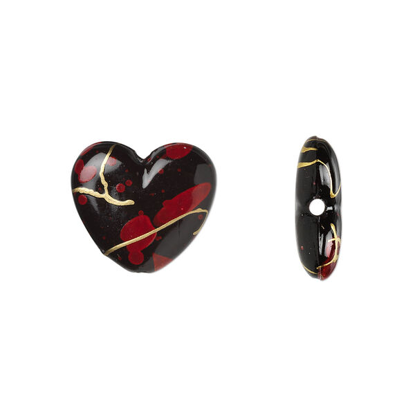 Bead, acrylic, black / red / gold, 13.5x14mm flat heart with speckled and stripe design. Sold per pkg of 150. image number 0