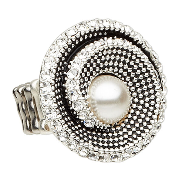 Ring, stretch, acrylic pearl / glass rhinestone / antique silver-plated "pewter" (zinc-based alloy), white and clear, 35mm beaded spiral, size 8 to 8-1/2. Sold individually. image number 0