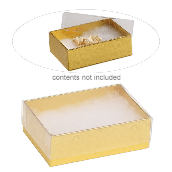 Box, plastic and paper, "cotton"-filled, gold and clear, 3-1/4 x 2-1/4 x 1-inch rectangle. Sold per pkg of 10. image number 0