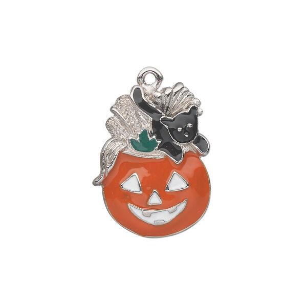 Charm, silver-plated "pewter" (zinc-based alloy) and enamel, multicolored, 22x17mm single-sided pumpkin with cat. Sold individually. image number 0