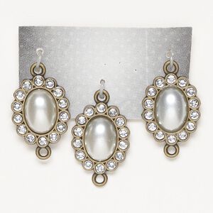 Link, glass / acrylic / antique brass-finished "pewter" (zinc-based alloy), clear and silver, 22x18.5mm single-sided oval. Sold per pkg of 3.