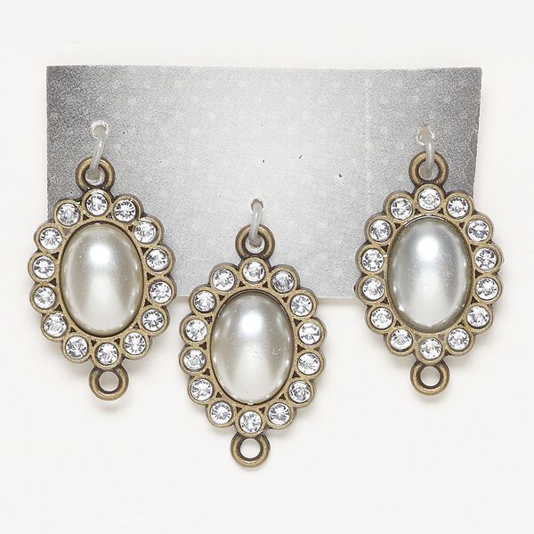 Link, glass / acrylic / antique brass-finished "pewter" (zinc-based alloy), clear and silver, 22x18.5mm single-sided oval. Sold per pkg of 3. image number 0