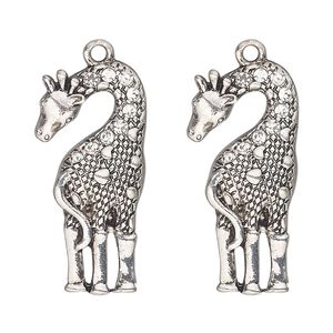 Focal, antique silver-finished "pewter" (zinc-based alloy) and glass, clear, 31x15mm single-sided giraffe. Sold per pkg of 2.