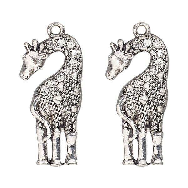 Focal, antique silver-finished "pewter" (zinc-based alloy) and glass, clear, 31x15mm single-sided giraffe. Sold per pkg of 2. image number 0