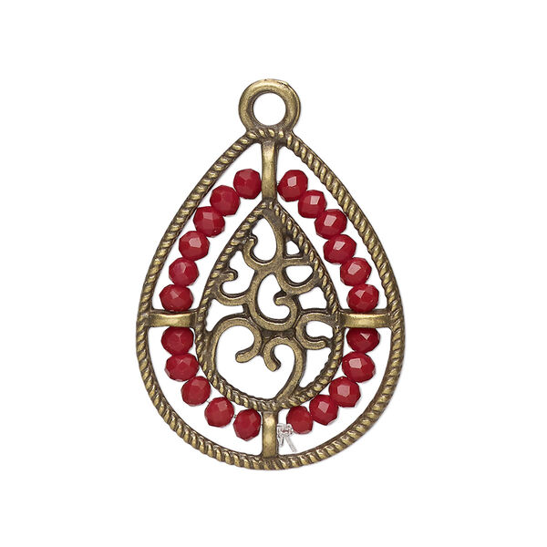 Drop, antique brass-finished "pewter" (zinc-based alloy), dark red, 27.5 x 21.5mm teardrop with hearts and beaded border. Sold per pkg of 2. image number 0