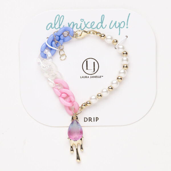 Bracelet, steel / brass / acrylic pearl, pkg/1, 6 inches with 10.5mm teardrop / lobster claw clasp / 1-1/2-inch extender chain, gold finish and multicolored, Drip theme. image number 0