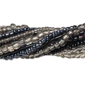 Bead mix, seed bead and bugle bead, glass, pkg/(10)14 inch, 6/0 center-drilled round, mixed mixed colors.