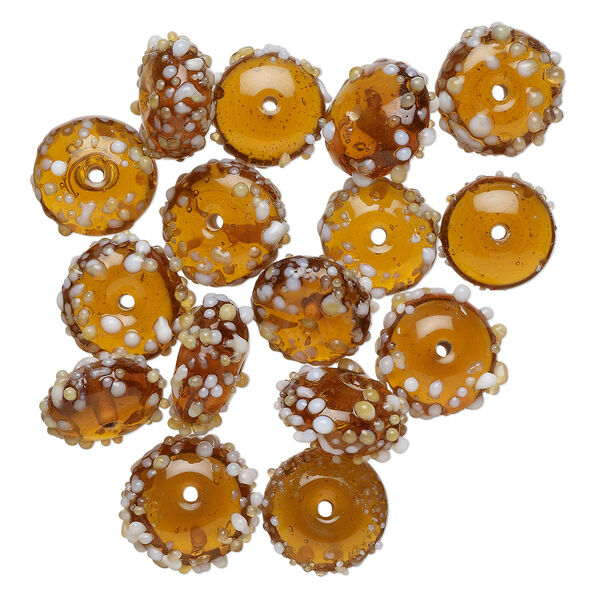 Bead, lampworked glass, translucent brown and white, 16x8mm bumpy rondelle. Sold per pkg of 16. image number 0