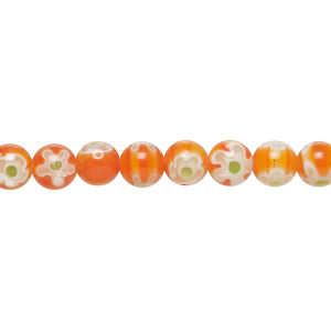 Bead, millefiori glass 1pkg1, translucent red / orange / multicolored, 6mm round, 15 inches.