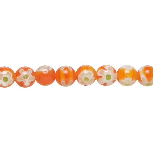 Bead, millefiori glass 1pkg1, translucent red / orange / multicolored, 6mm round, 15 inches. image number 0