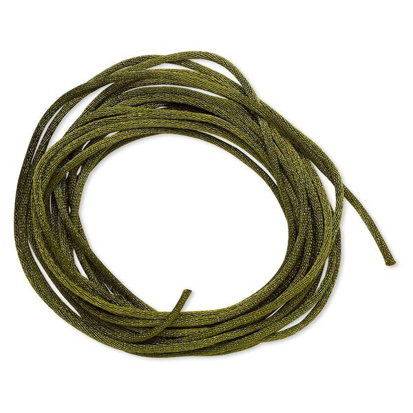 Cord, Satinique™, satin, olive green, 1.5mm small. Sold per pkg of 10 feet. image number 0