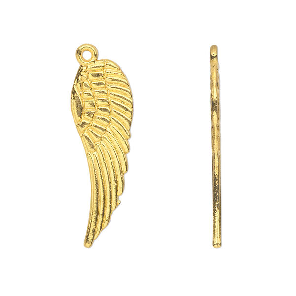 Charm, gold-finished "pewter" (zinc-based alloy), 28x9mm double-sided wing. Sold per pkg of 10. image number 0