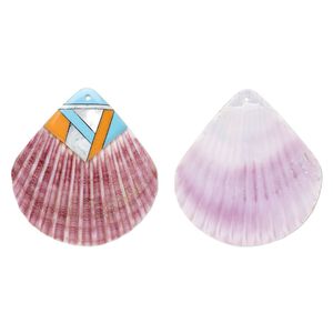 Focal, sea scallop shell / multi-shell / resin (dyed/assembled), mauve / turquoise blue / multicolored, 53x50mm, Mohs hardness 3-1/2. Sold individually.