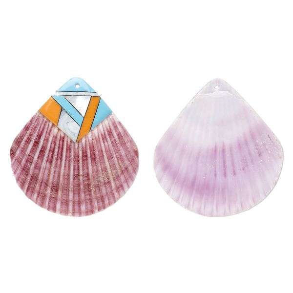 Focal, sea scallop shell / multi-shell / resin (dyed/assembled), mauve / turquoise blue / multicolored, 53x50mm, Mohs hardness 3-1/2. Sold individually. image number 0