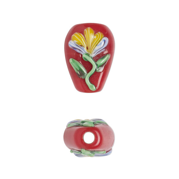 Bead, lampworked glass, opaque multicolored, 18x12mm flat teardrop with flower design. Sold per pkg of 2. image number 0