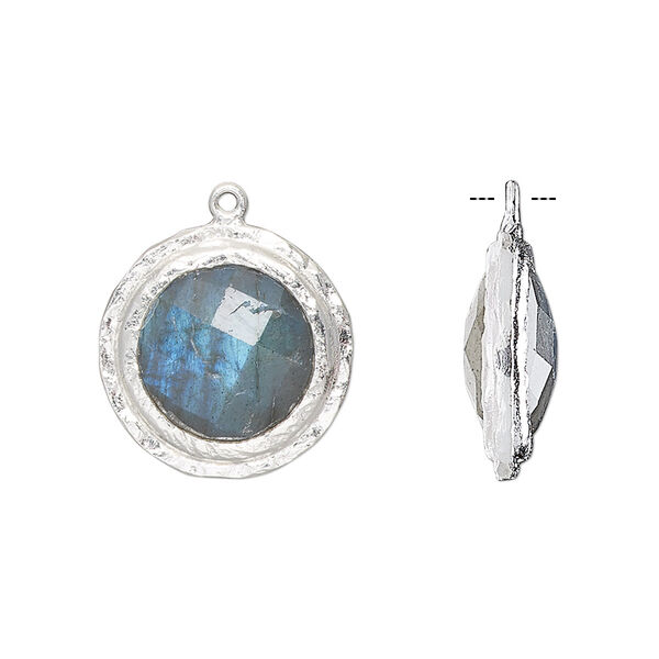 Drop, labradorite (natural) and sterling silver, 17mm double-sided faceted round with hammered edge. Sold individually. image number 0