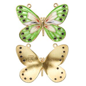 Focal, "vermeil" with cloisonné, green, 36x27mm butterfly. Sold individually.