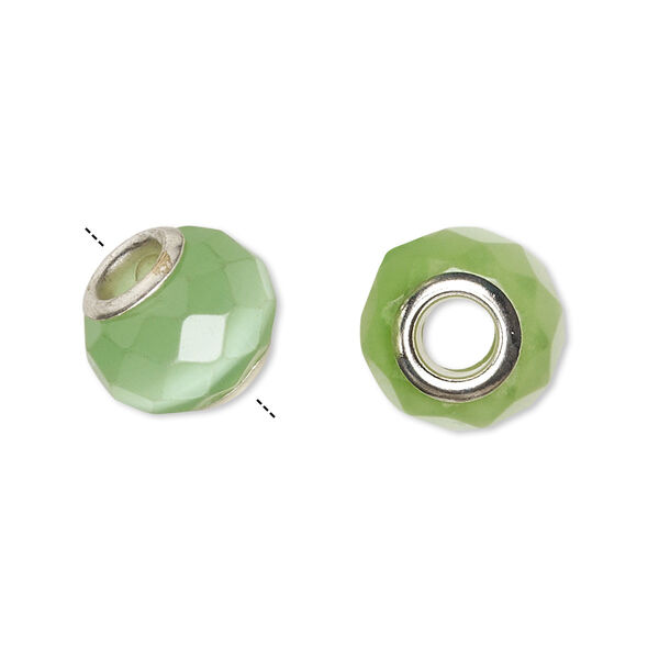 Bead, Dione®, cat's eye glass (fiber optic glass) and silver-plated brass grommets, light green, 13x10mm-14x10mm faceted rondelle. Sold per pkg of 4. image number 0