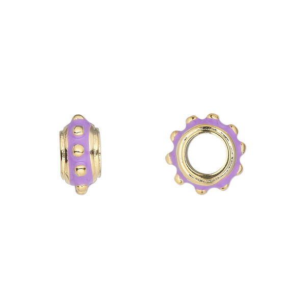 Bead, Dione®, gold-finished "pewter" (zinc-based alloy) and enamel, lavender, 12x6mm beaded rondelle with 5mm hole. Sold individually. image number 0