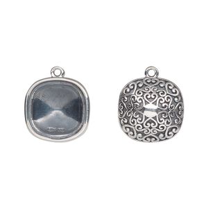 Drop, Almost Instant Jewelry®, antiqued sterling silver, 14mm rounded square with 12mm cushion setting and filigree back design. Sold individually.