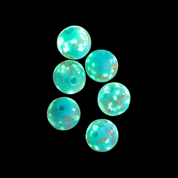 Bead, lampworked glass, clear / light blue / glow-in-the-dark / gold, 8mm round. Sold per pkg of 6. image number 1