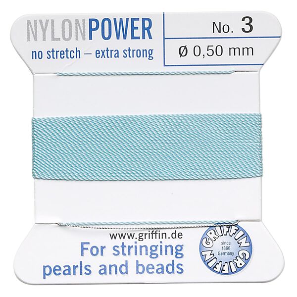 Thread, Griffin, nylon, turquoise blue, size #3. Sold per 2-meter card (approximately 78 inches). image number 0
