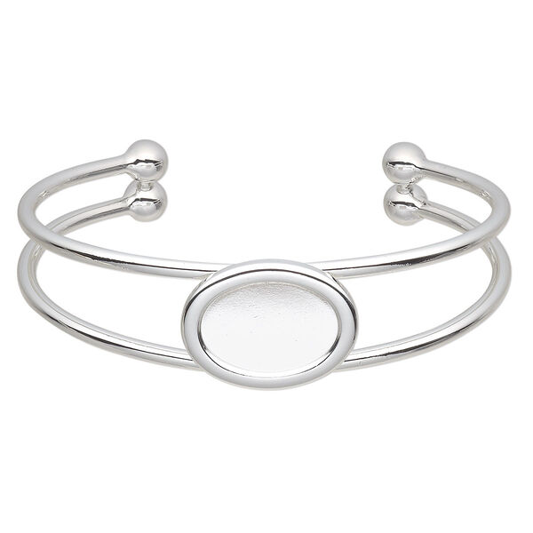 Bracelet, cuff, silver-plated brass and "pewter" (zinc-based alloy), 65x18mm with 18x13mm oval setting, adjustable. Sold individually. image number 0