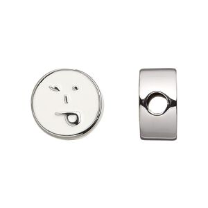 Bead, Dione®, enamel and silver-finished "pewter" (zinc-based alloy), white, 16mm double-sided flat round with playful emoticon face and 4mm hole. Sold individually.