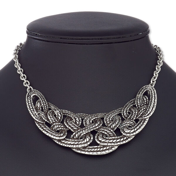 Necklace, antique silver-coated plastic with antique silver-plated steel and "pewter" (zinc-based alloy), 4x2-1/2 inch woven crescent, 16 inches with 2-1/2 inch extender chain and lobster claw clasp. Sold individually. image number 0