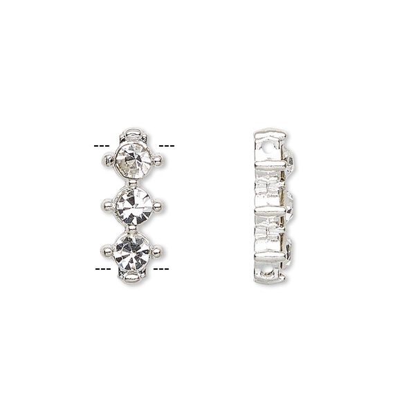 Spacer, glass rhinestone and silver-plated "pewter" (zinc-based alloy), clear, 17x7mm 2-strand, fits up to 12mm bead. Sold per pkg of 10. image number 0