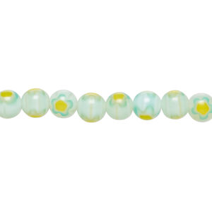 Bead, millefiori glass 1pkg1, translucent sea green / bright yellow / blue, 6mm round, 15 inches.
