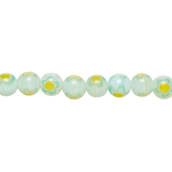 Bead, millefiori glass 1pkg1, translucent sea green / bright yellow / blue, 6mm round, 15 inches. image number 0