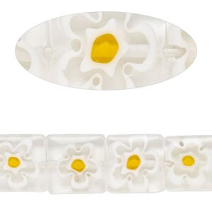 Bead, millefiori glass, translucent clear and multicolored, 11mm-13x12mm puffed square with flower design. Sold per 14-inch strand.
