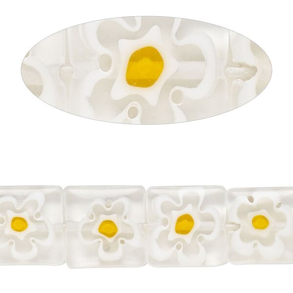 Bead, millefiori glass, translucent clear and multicolored, 11mm-13x12mm puffed square with flower design. Sold per 14-inch strand. image number 0