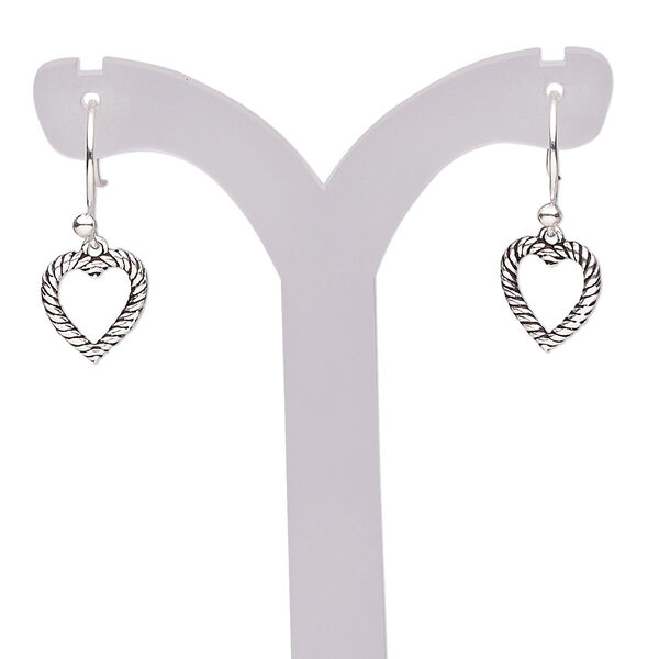 Earring, antiqued sterling silver, 21.5mm fishhook with open heart and rope design, 21 gauge. Sold per pair. image number 0